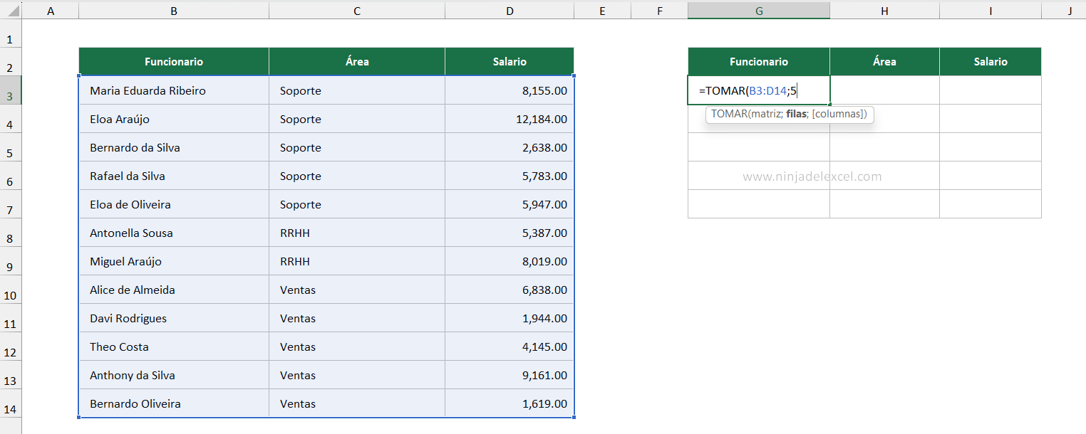 Usar la Función TOMAR en Excel