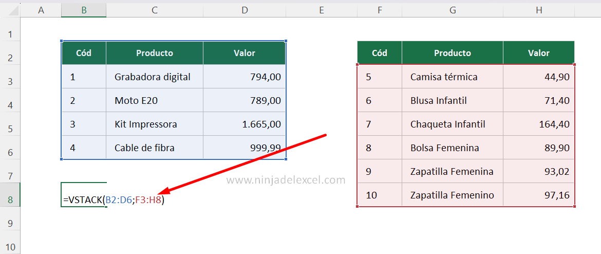 Funciones VSTACK y HSTACK en Excel paso a paso