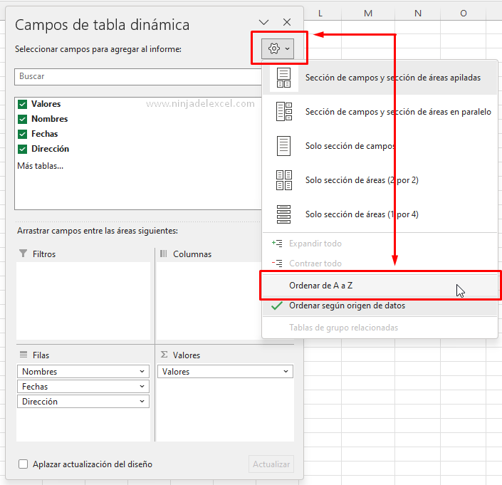 Como Cambiar el Orden de los Campos de la Tabla Dinámica en Excel