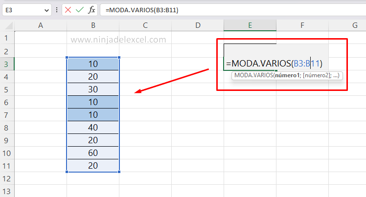 Con la Función MODA.VARIOS en Excel