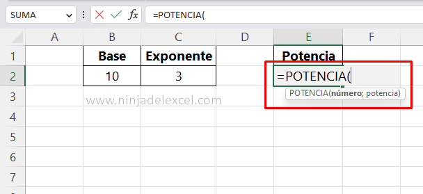 Función POTENCIA en Excel