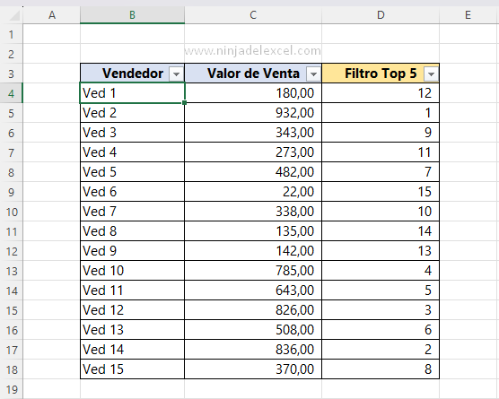 Ordenar Top 5 con Filtro en Excel