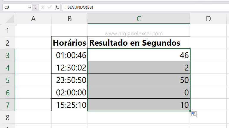 Usar la Función SEGUNDO en Excel