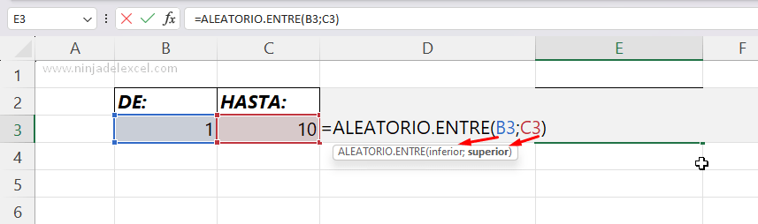 Función ALEATARIO.ENTRE en Excel